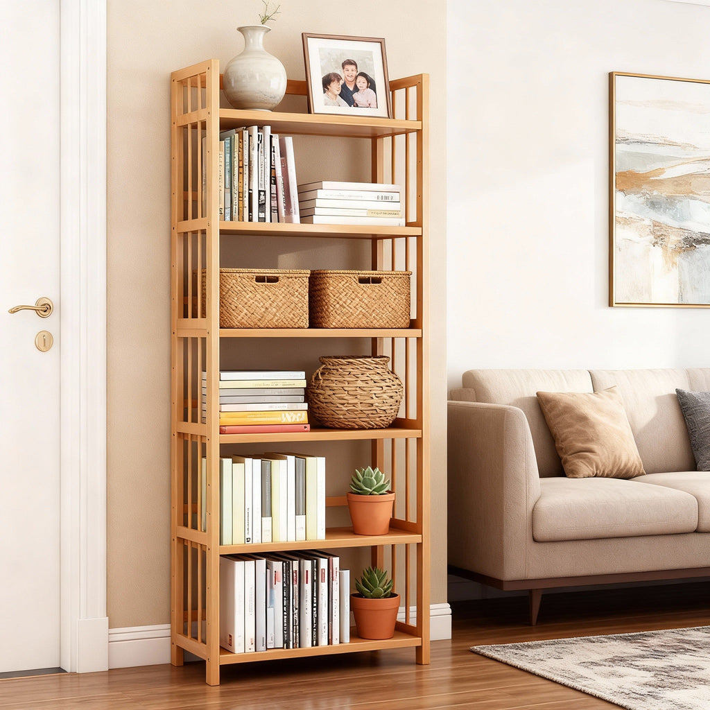 Tall Bamboo Bookshelf | Adjustable Shelves, Narrow Freestanding Storage Rack — 3 to 6 Tiers