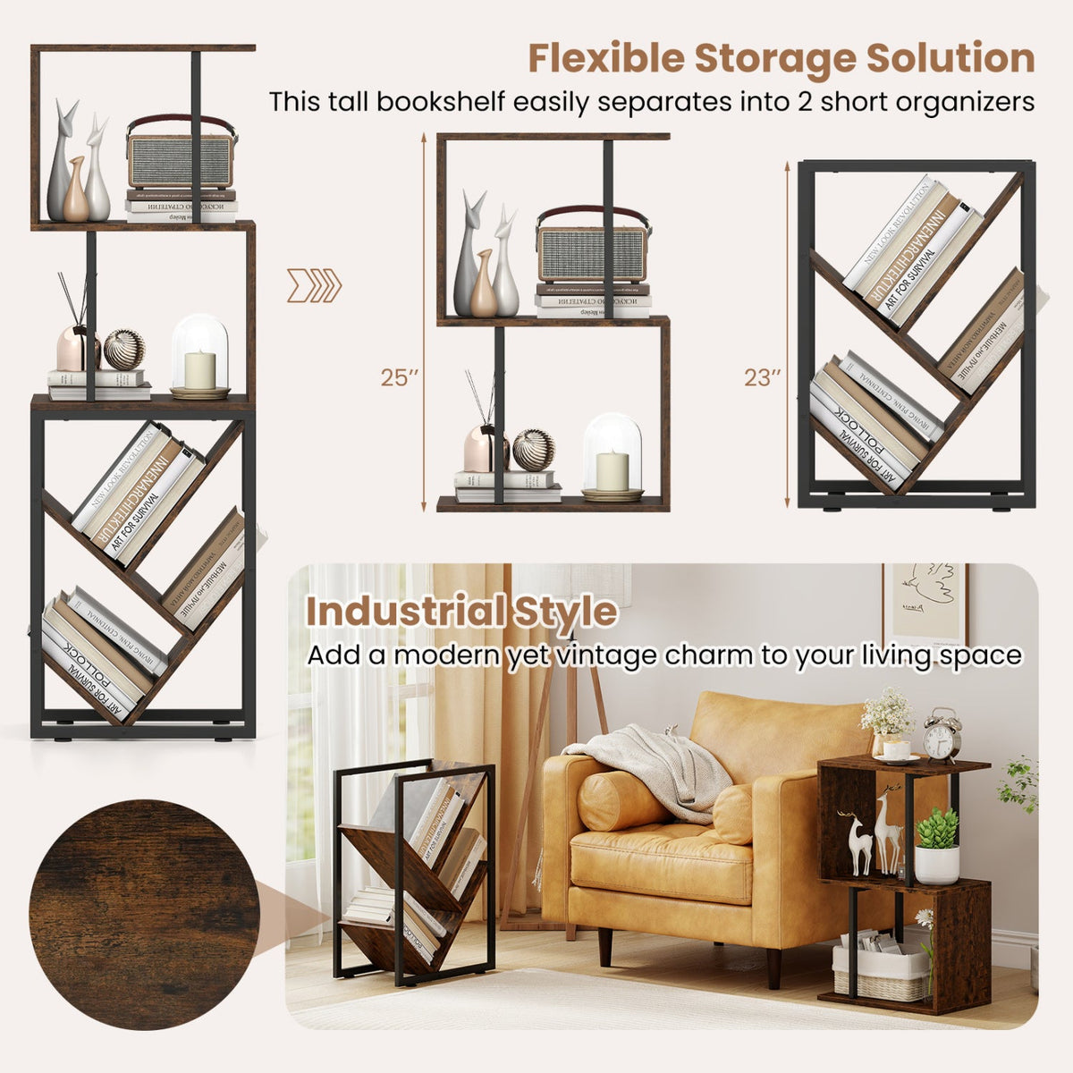 6-Tier S-Shaped Geometric Bookshelf