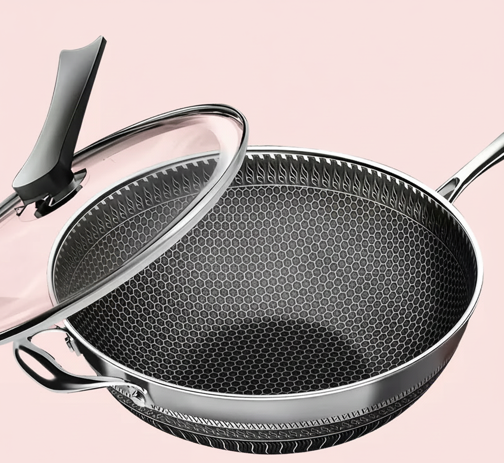 13.3" Stainless Steel Wok Pan – Honeycomb Nonstick Interior, Tempered Glass Lid | All Cooktops