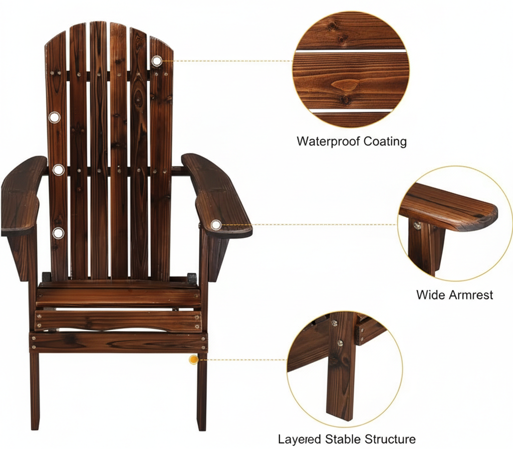 Folding Adirondack Chair – Carbonized Wood, 350 lb Capacity, Waterproof Outdoor Patio Chair