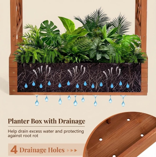 Raised Wooden Planter Box with Pergola Trellis – 100% Fir Wood, 4 Drainage Holes | Patio & Balcony