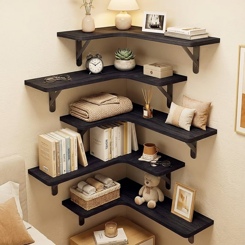 Rustic Corner Floating Shelves – Set of 5 Wall-Mounted Wood Shelves