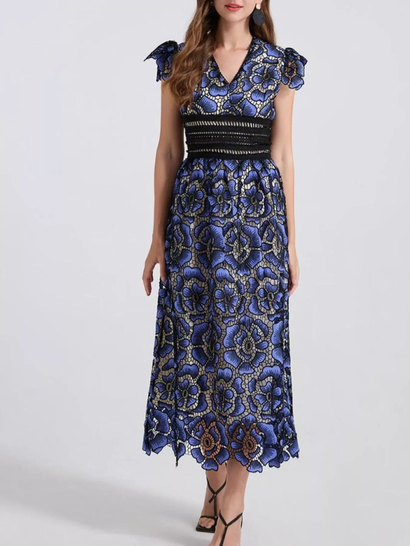 Printed V-Neck Ruffle Sleeve Midi Dress