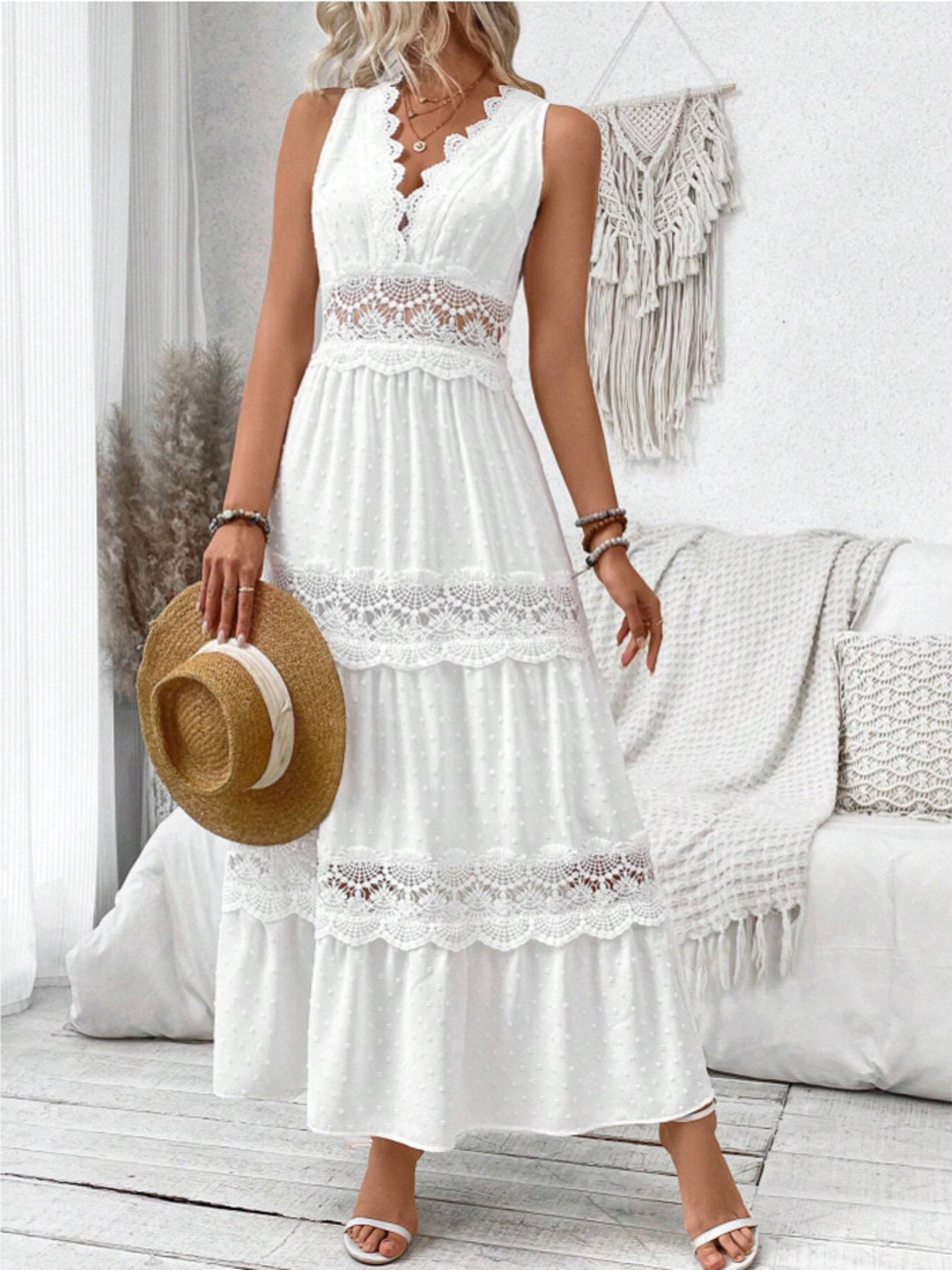 Lace Swiss Dot Sleeveless Maxi Dress