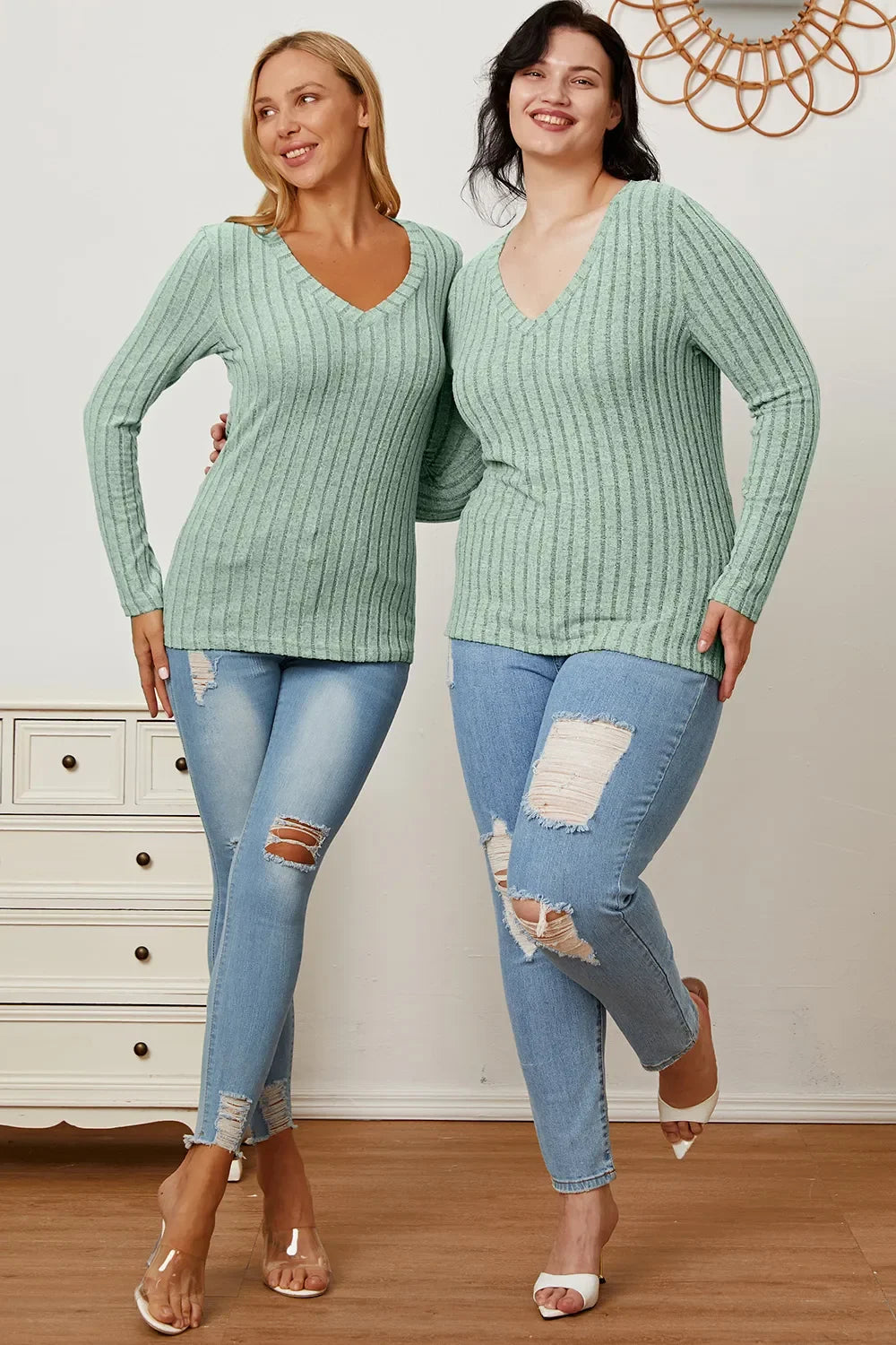 Basic Bae Ribbed V-Neck Long Sleeve Top