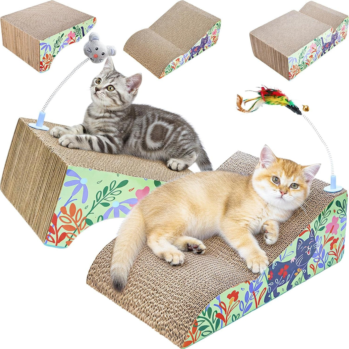Two cats on a floral-patterned cat scratcher with toys attached.