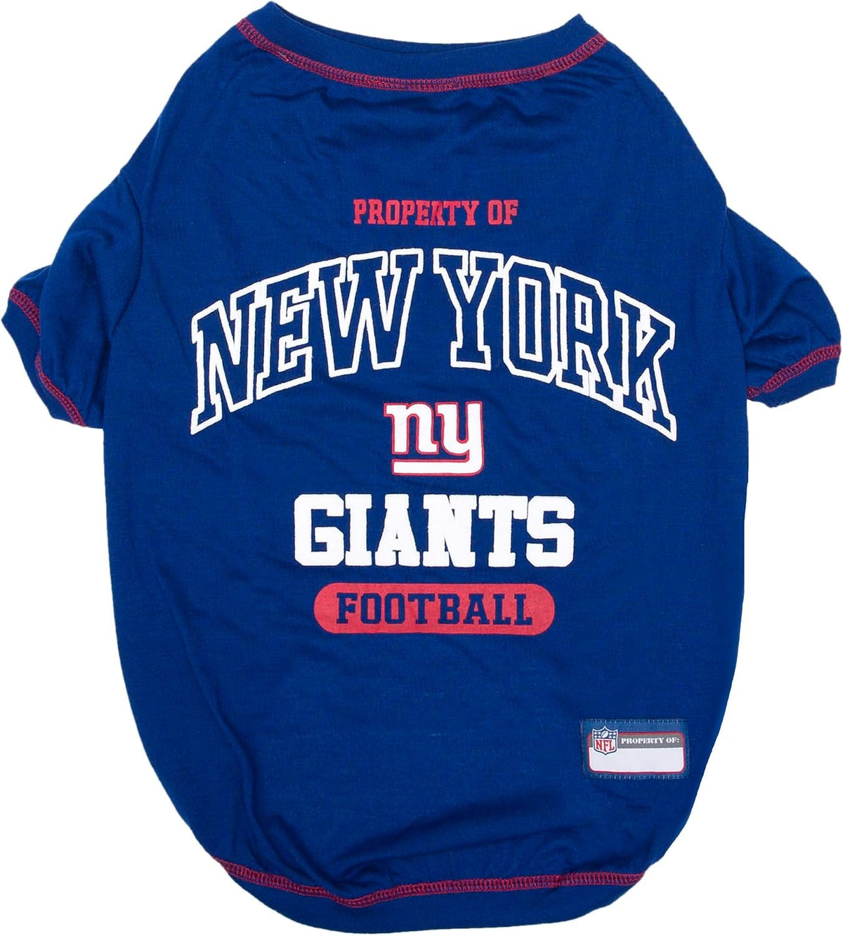 A royal blue dog t-shirt featuring 'PROPERTY OF NEW YORK NY GIANTS FOOTBALL' printed on the back, with red and white accents and a small NFL patch near the bottom hem.