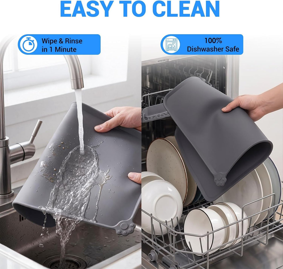 A gray silicone dishwasher-safe cleaning mat shown in a split lifestyle infographic. The left side shows hands holding the mat over a running faucet in a sink to demonstrate easy rinsing.
