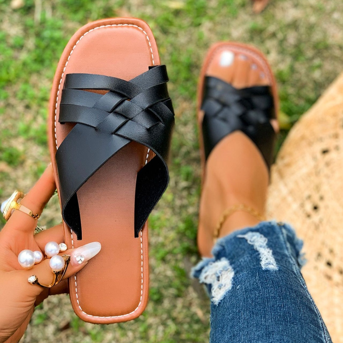 Women's Woven Open Toe Sandals | Bohemian Leather Flats