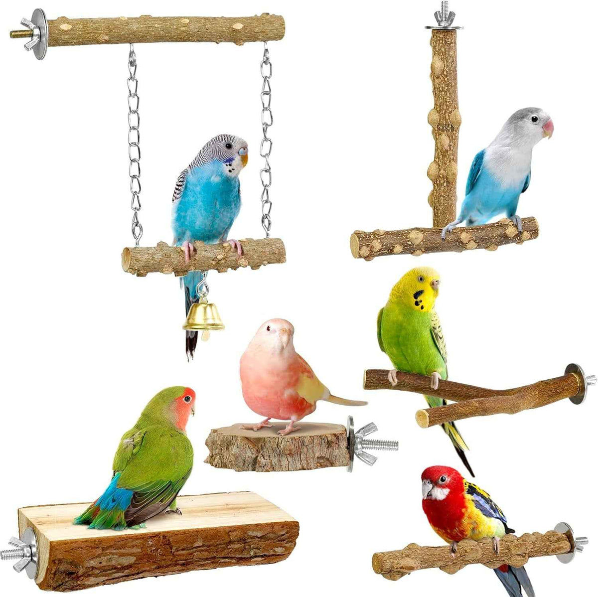 Seven different bird play trees and perches shown on a plain white background, each with a small colorful bird perched on it. The products include hanging branches with chains and a bell, angled wooden perches, a log platform with metal fasteners, and a larger log perch with a metal support arm.