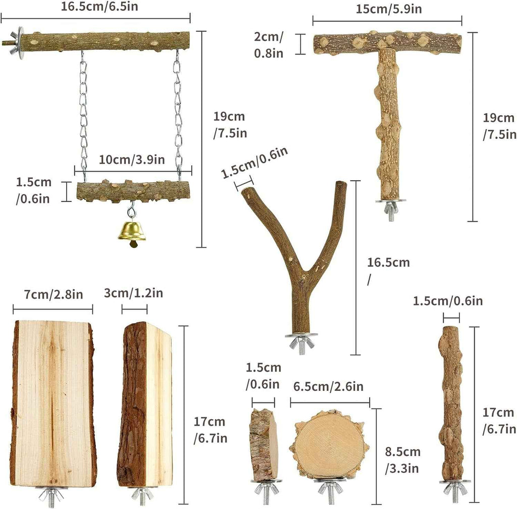 Measurement chart of various wooden items including branches and a bell on a white background.