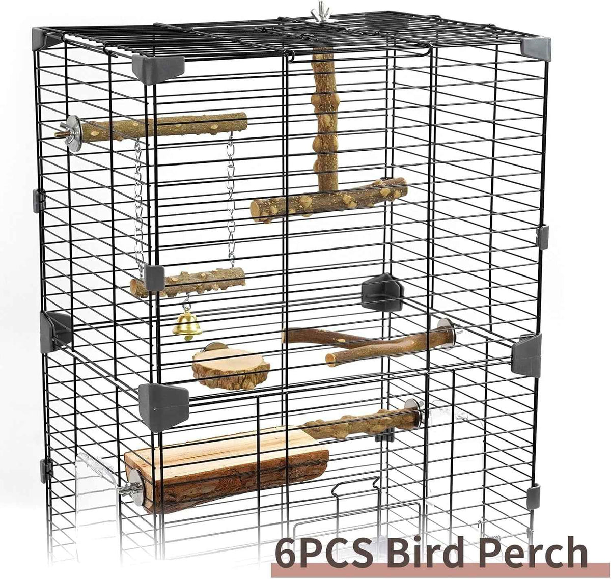 Bird cage with wooden perches on a white background