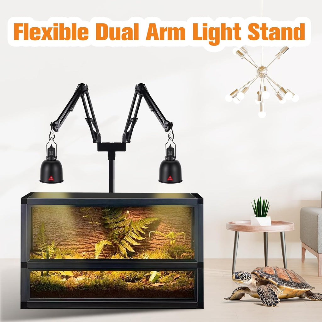 A black flexible dual-arm light stand with two adjustable lamp heads is shown above a terrarium in a styled room setting. The text 'Flexible Dual Arm Light Stand' appears at the top, and a hanging lamp and a small table with a plant are visible in the background.
