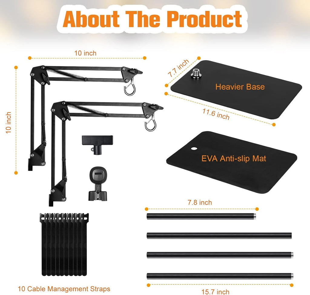 Lamp stand parts diagram with articulated arms, weighted base, EVA pad, pole sections and ten cord straps
