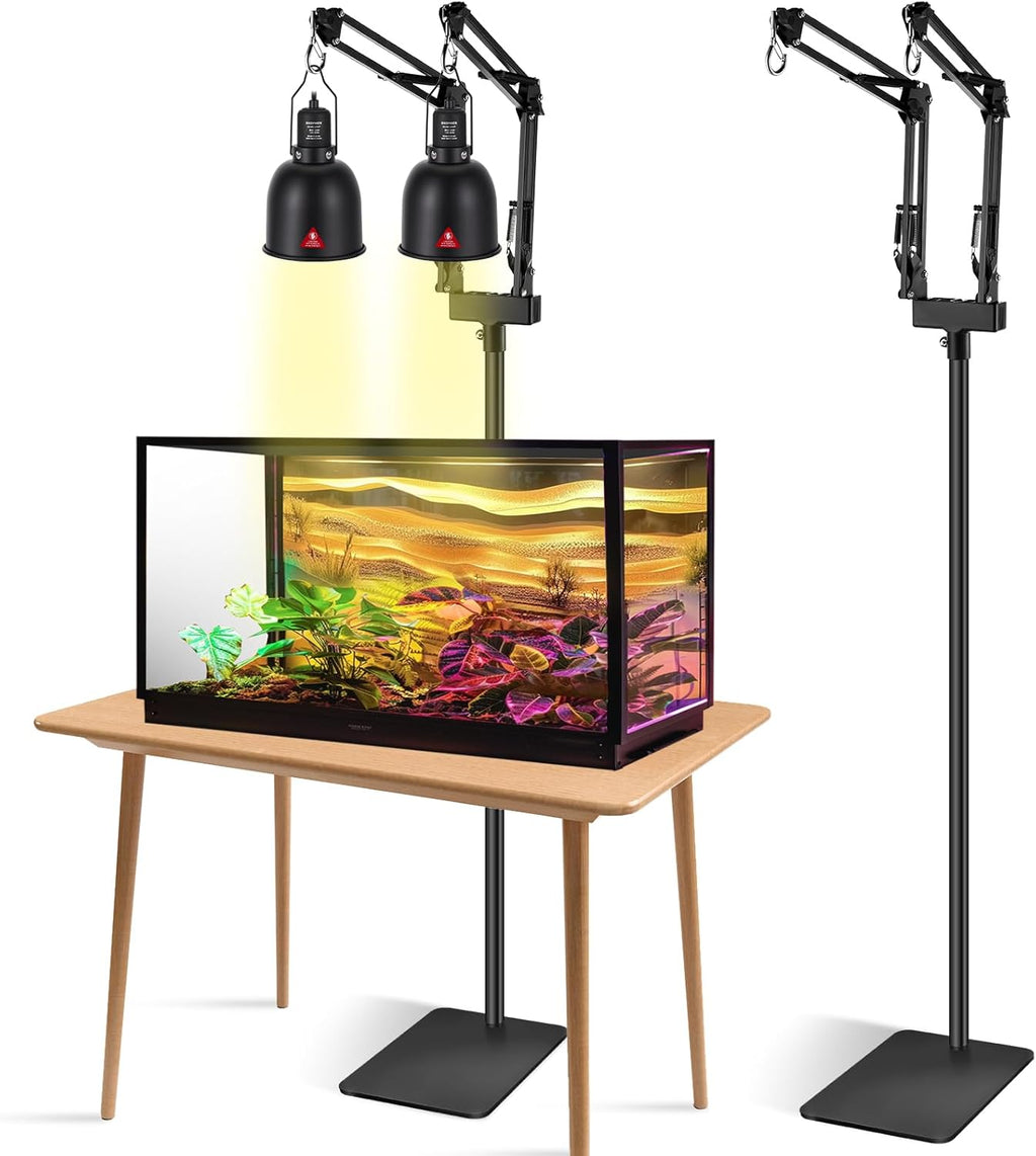 Terrarium with two adjustable lamp stands on a white background