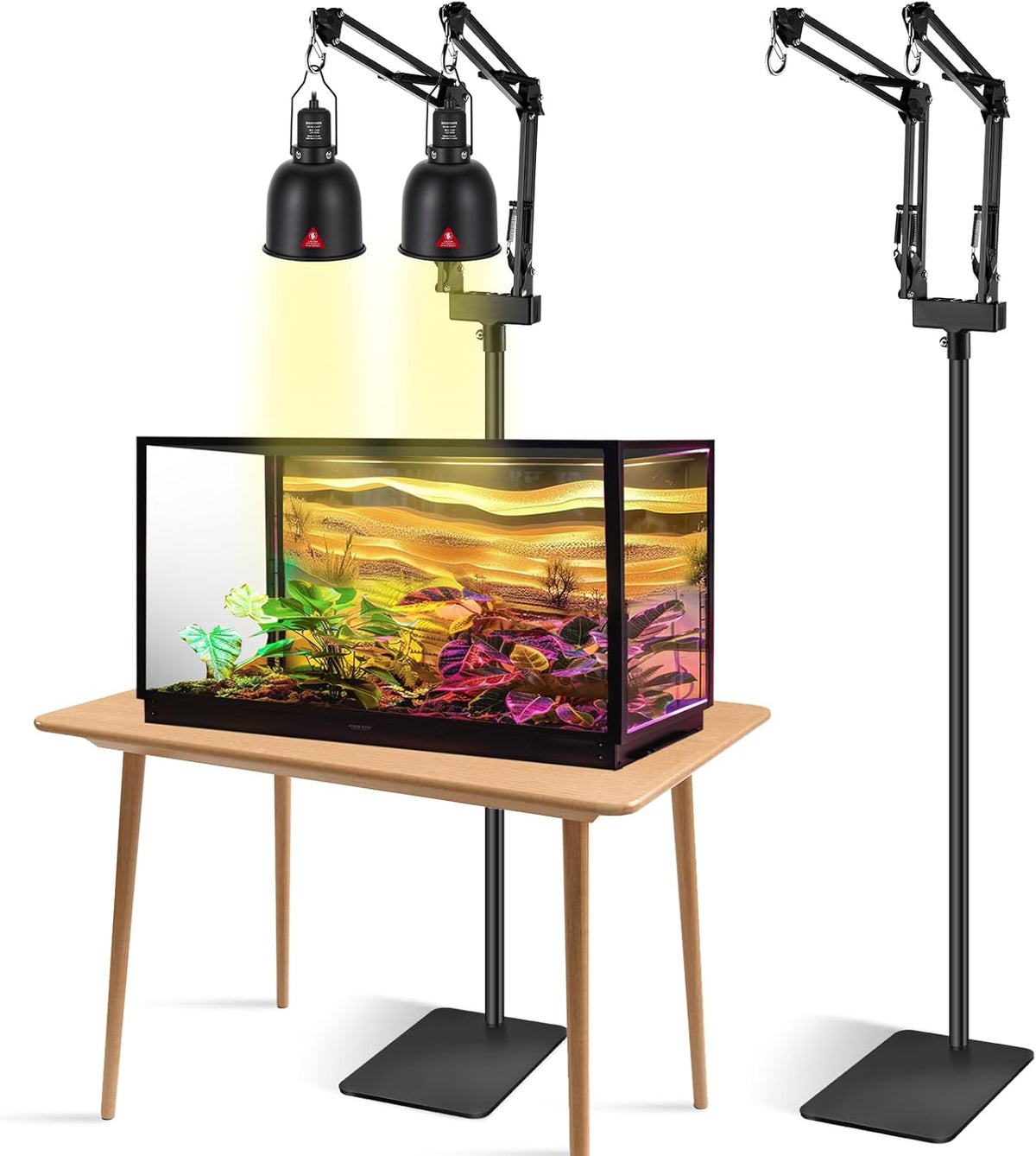 Terrarium with two adjustable lamp stands on a white background