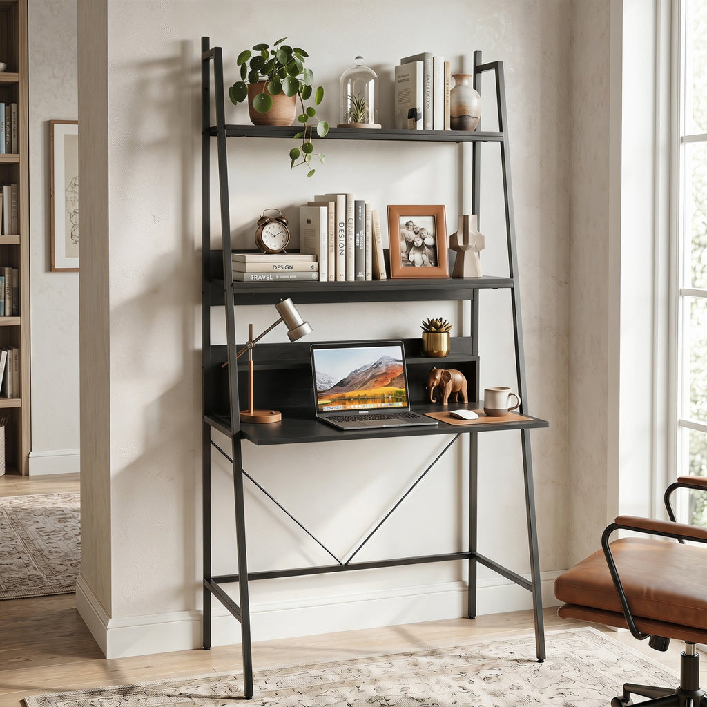 71" Freestanding Ladder Desk with 4 Open Shelves