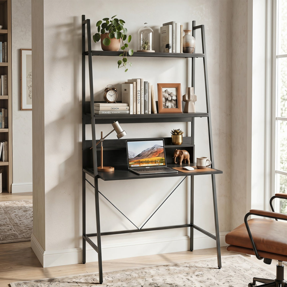 71" Freestanding Ladder Desk with 4 Open Shelves