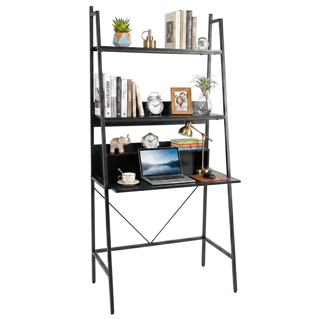 71" Freestanding Ladder Desk with 4 Open Shelves