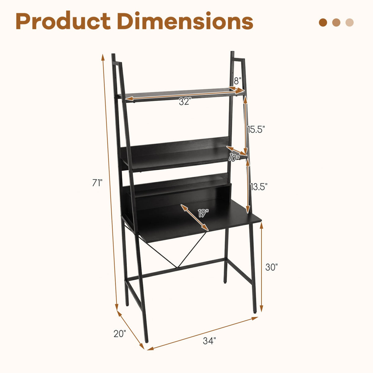 71" Freestanding Ladder Desk with 4 Open Shelves