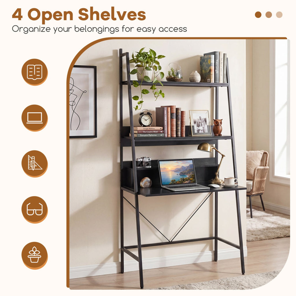 71" Freestanding Ladder Desk with 4 Open Shelves