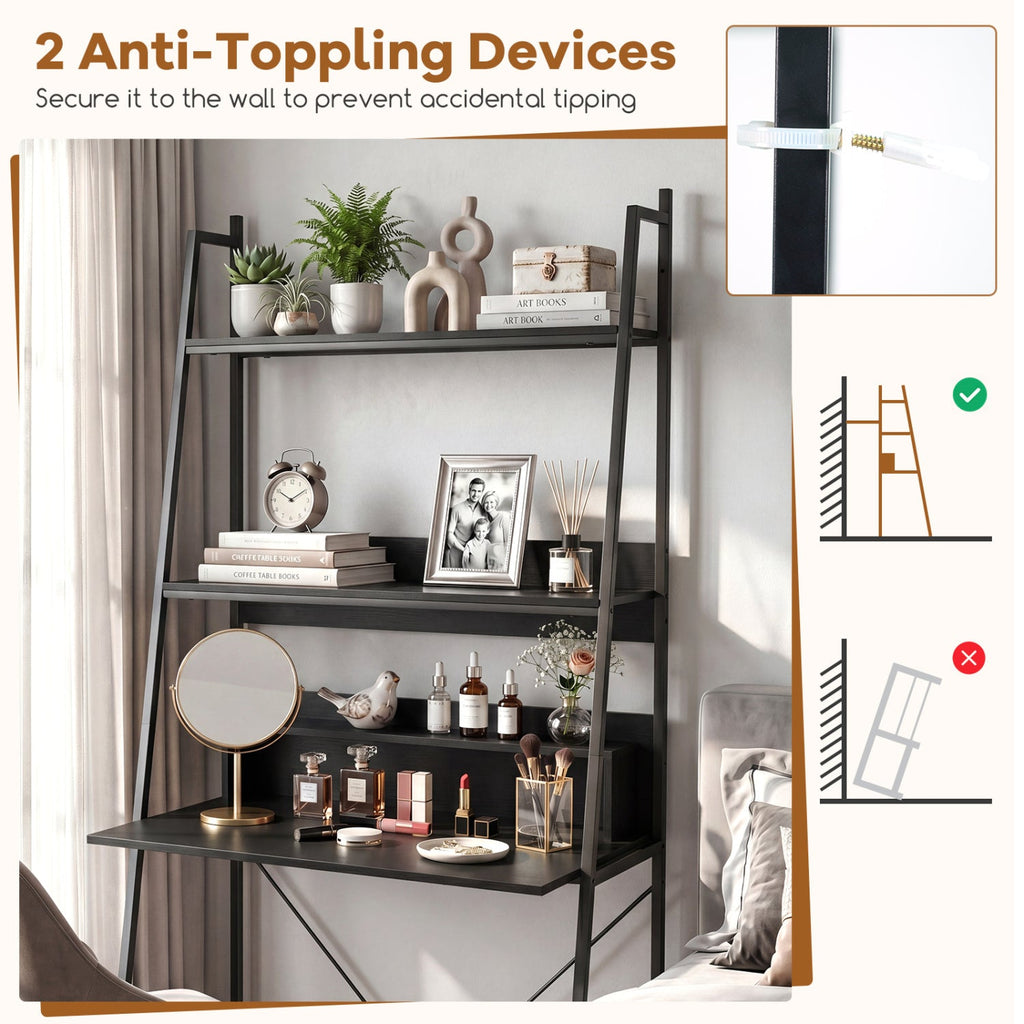71" Freestanding Ladder Desk with 4 Open Shelves
