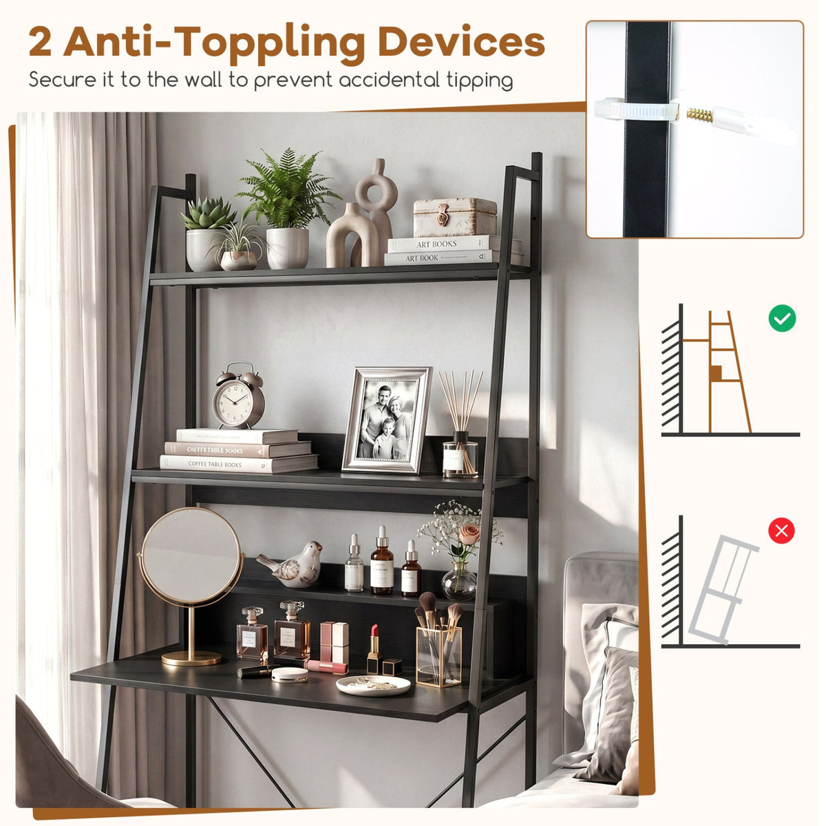 71" Freestanding Ladder Desk with 4 Open Shelves