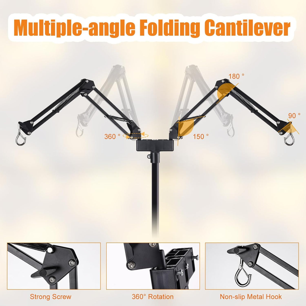 Dual-arm lamp stand adjustment diagram showing rotating mount, folding joints and metal hooks
