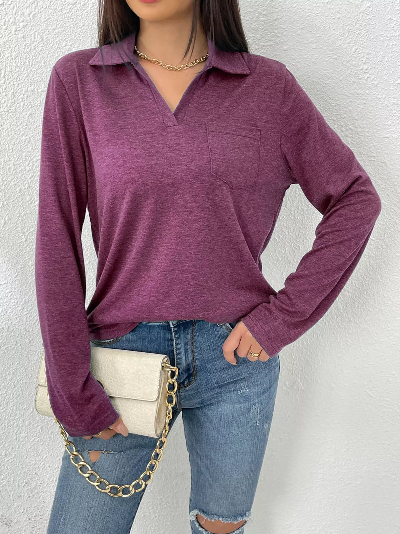 Women's Long Sleeve Polo Shirt | Casual V-Neck Pullover Top