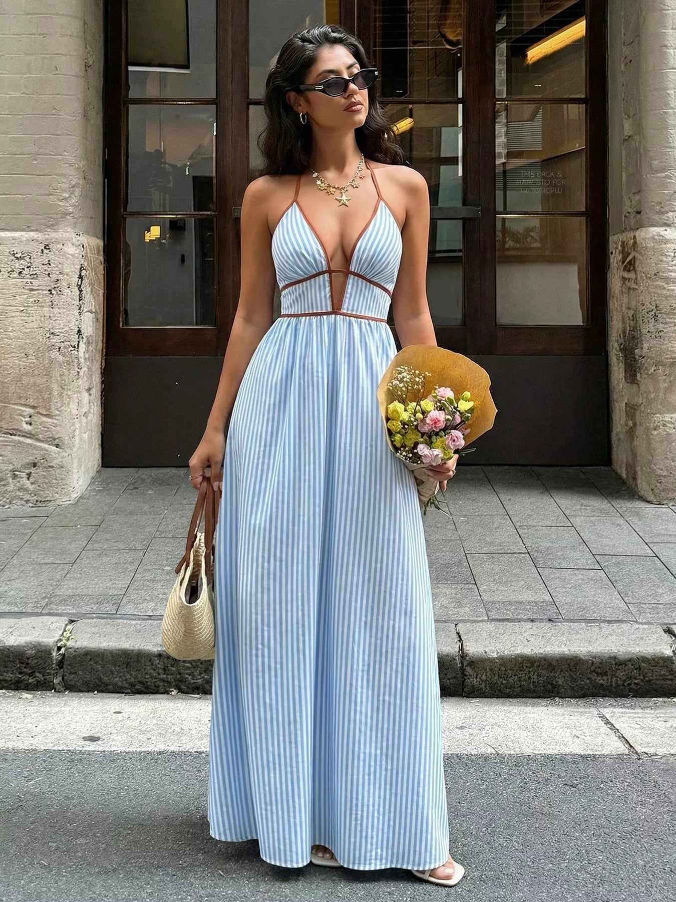 Striped Halter Neck Smocked Maxi Dress