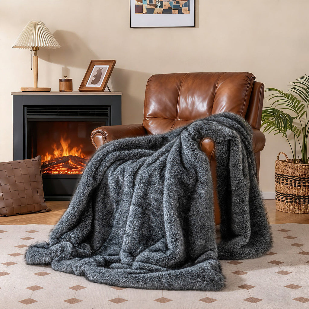 Gray Faux Wolf Fur Throw Blanket