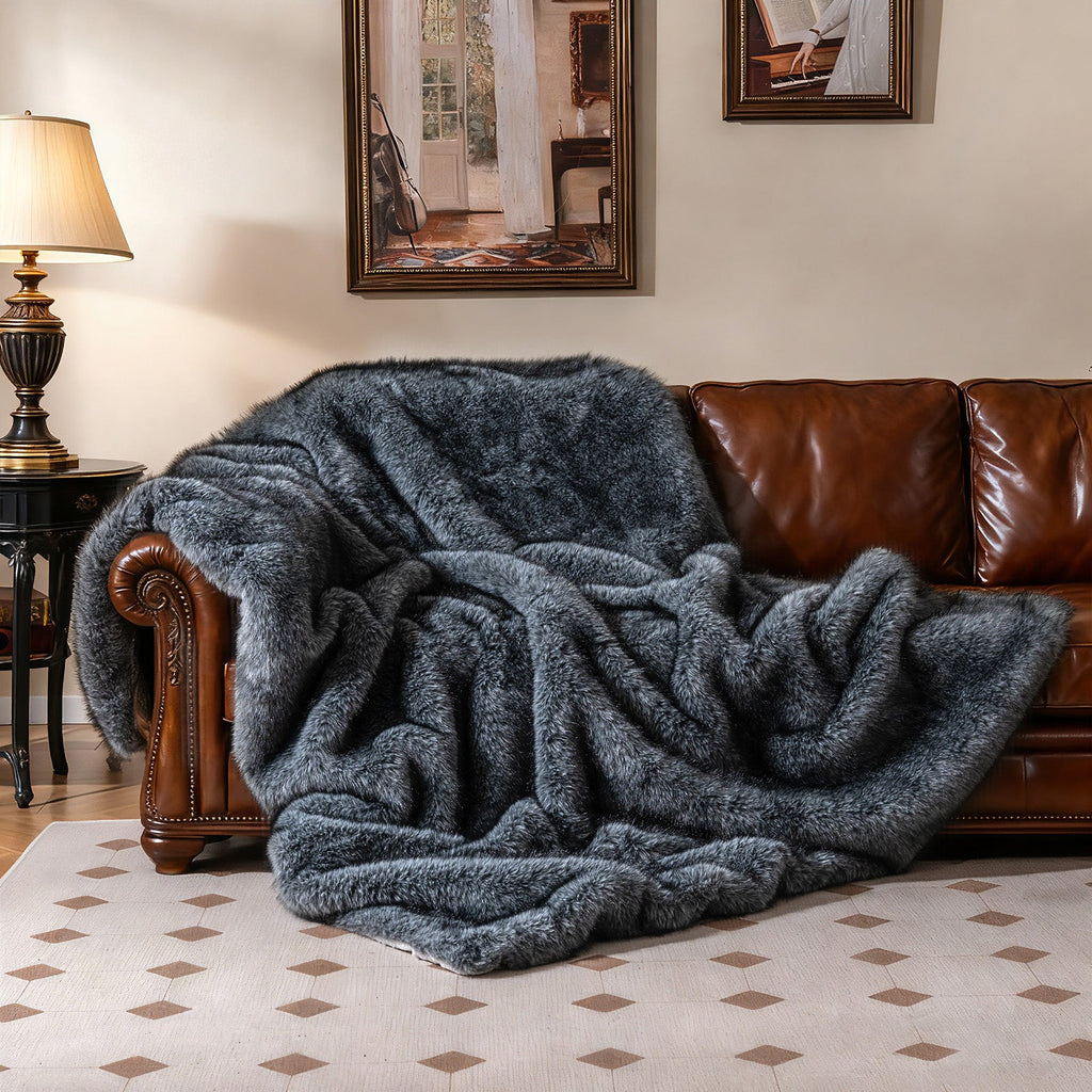 Gray Faux Wolf Fur Throw Blanket