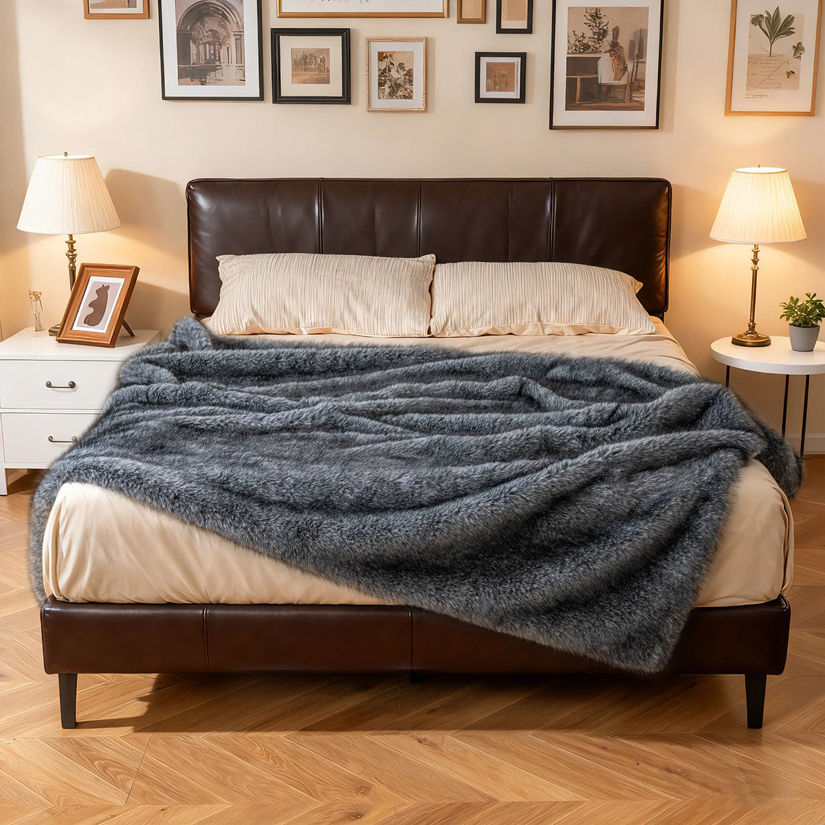 Gray Faux Wolf Fur Throw Blanket