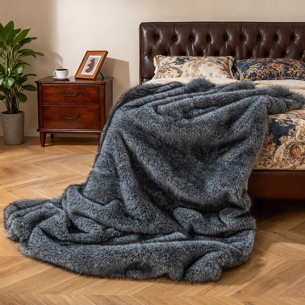 Gray Faux Wolf Fur Throw Blanket