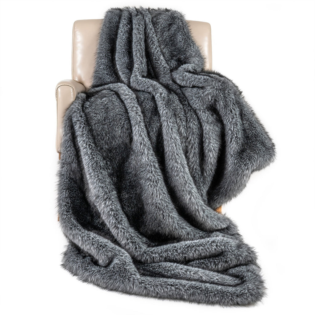 Gray Faux Wolf Fur Throw Blanket