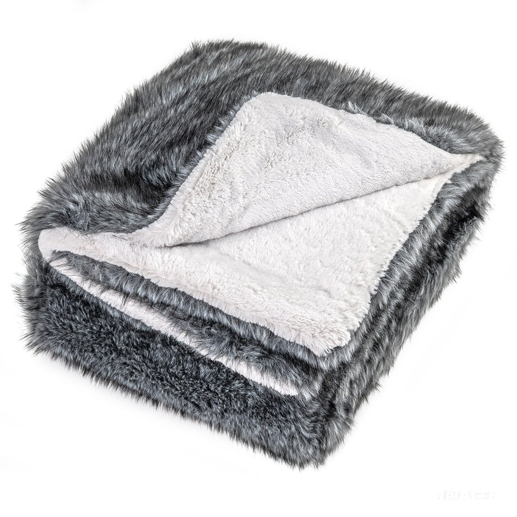 Gray Faux Wolf Fur Throw Blanket