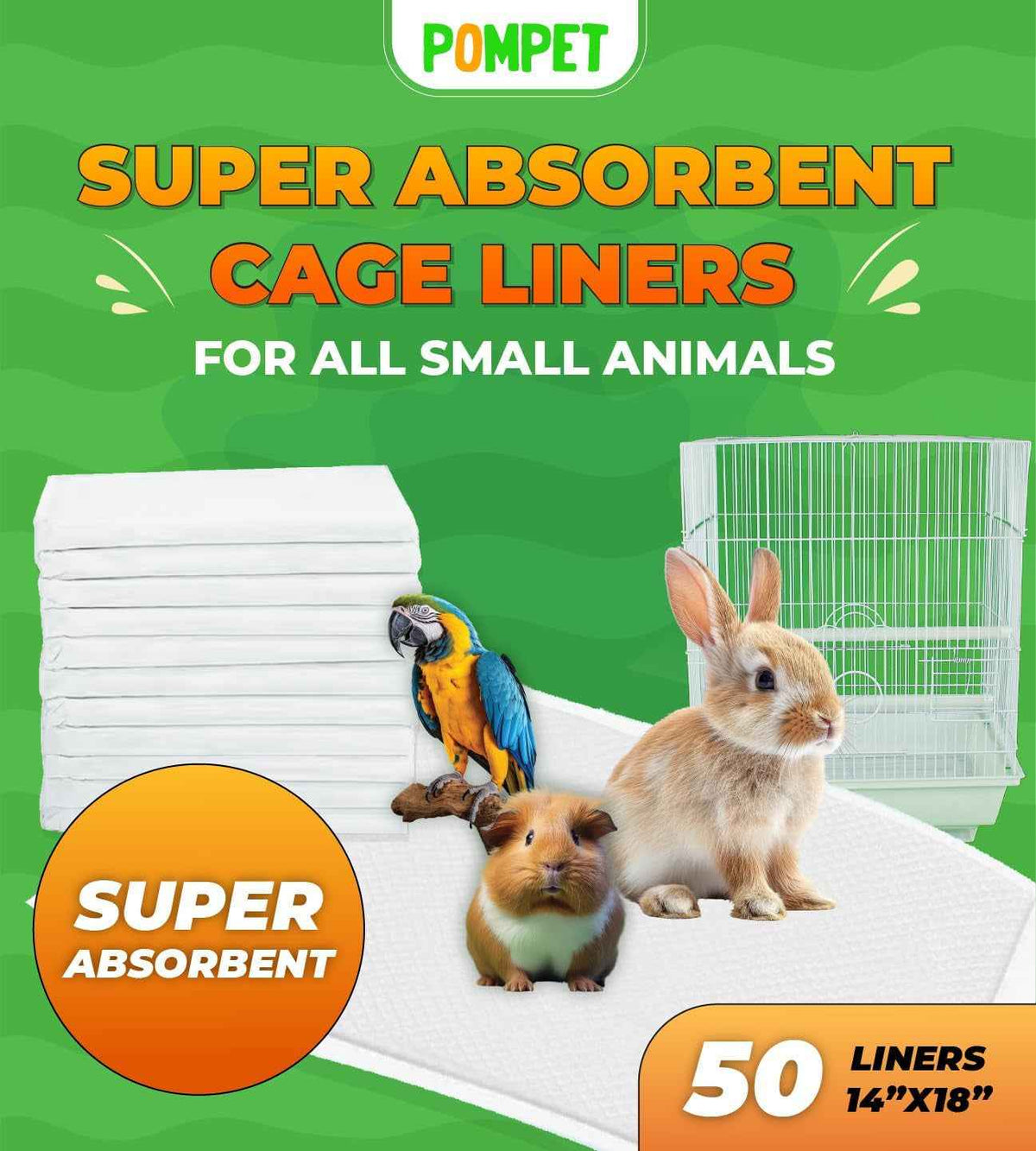 Promotional image of super absorbent cage liners for small animals with a green background.