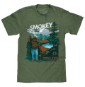 Front view of Canyon Green Heather Smokey Bear T-shirt with forest scene and Only You Can Prevent Wildfires graphic