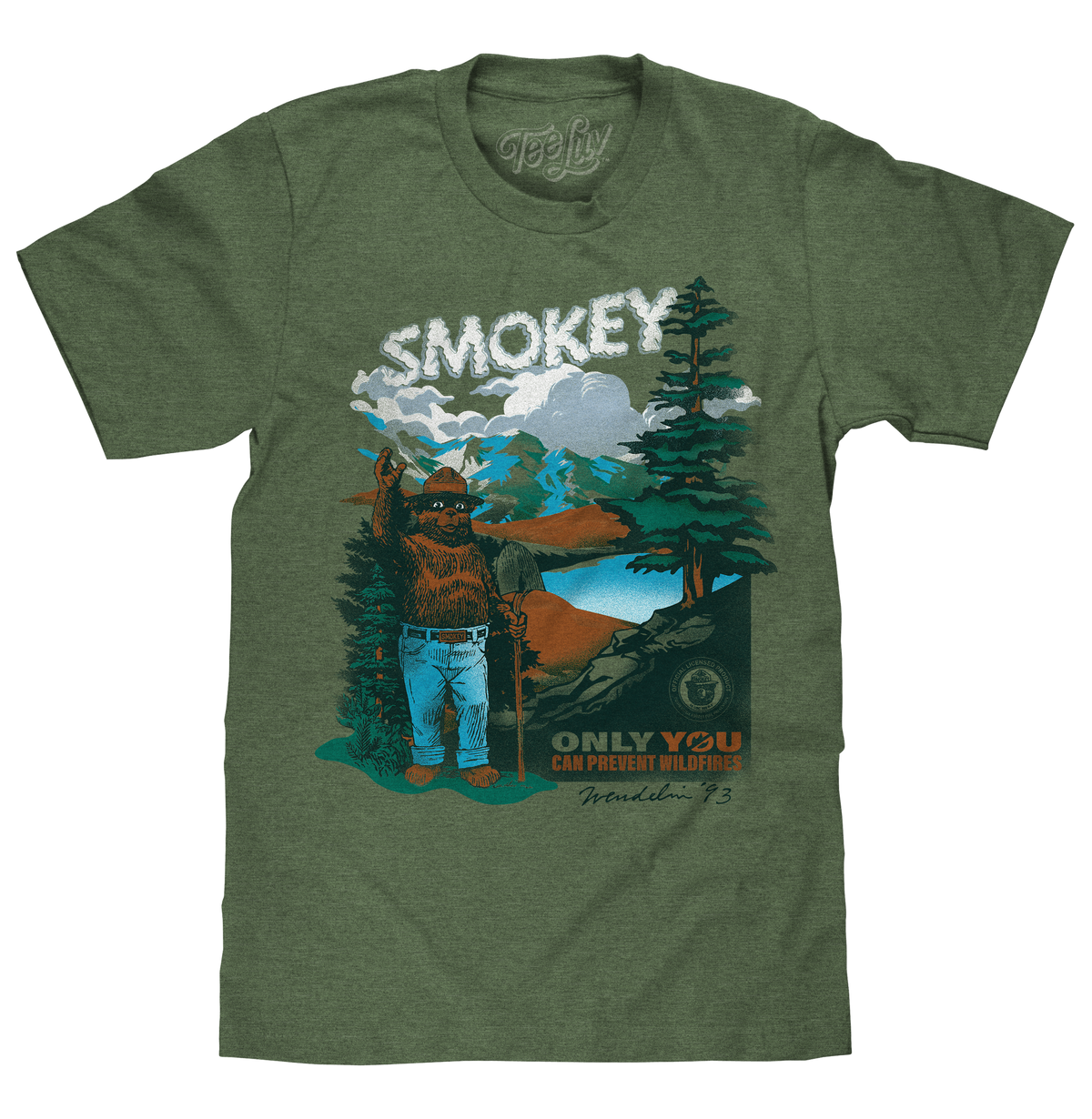 Front view of Canyon Green Heather Smokey Bear T-shirt with forest scene and Only You Can Prevent Wildfires graphic