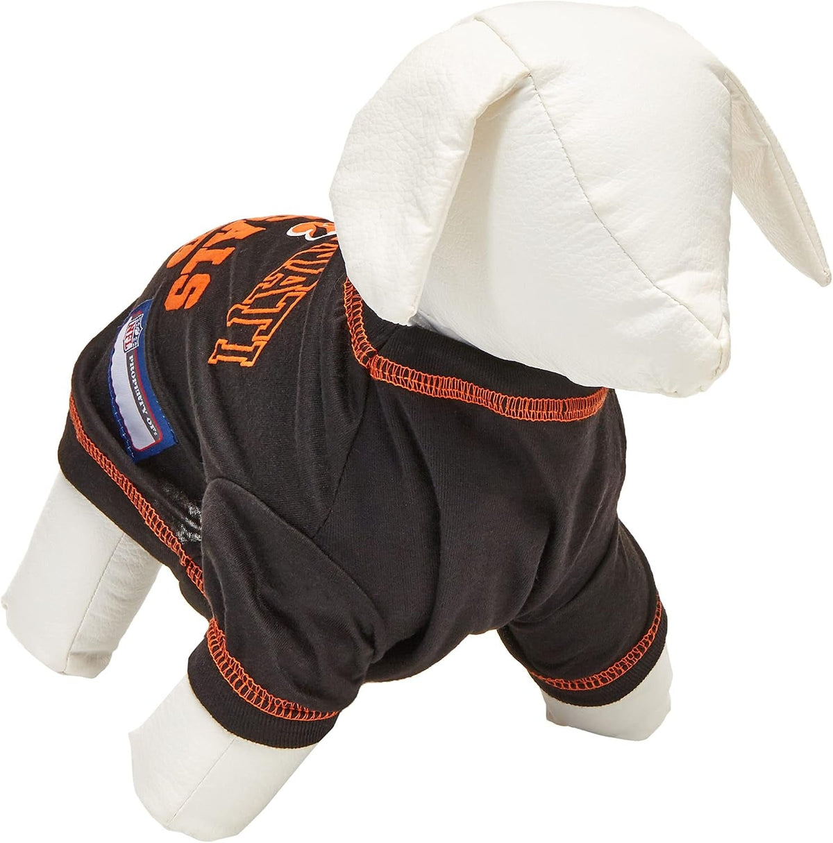 Dog outfit with black pants, orange trim, and a white hat on a white background