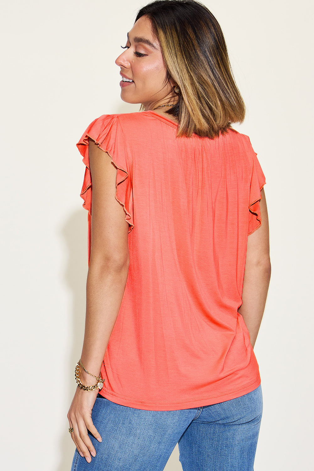 Basic Bae Bamboo Notch-Neck Ruffle Sleeve Top