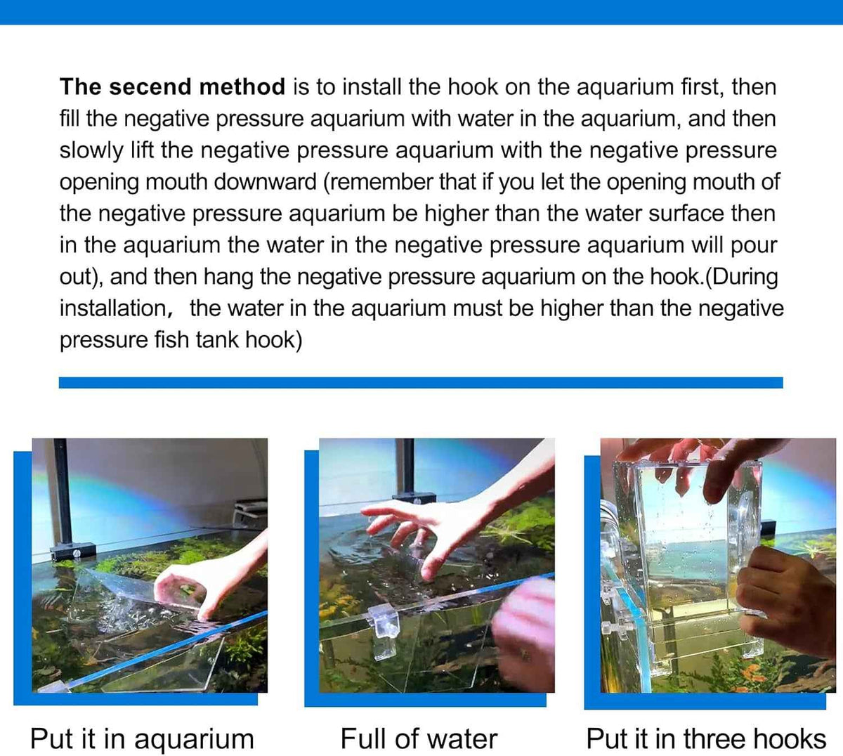 Instructions on installing a negative pressure aquarium with images of hands performing actions.