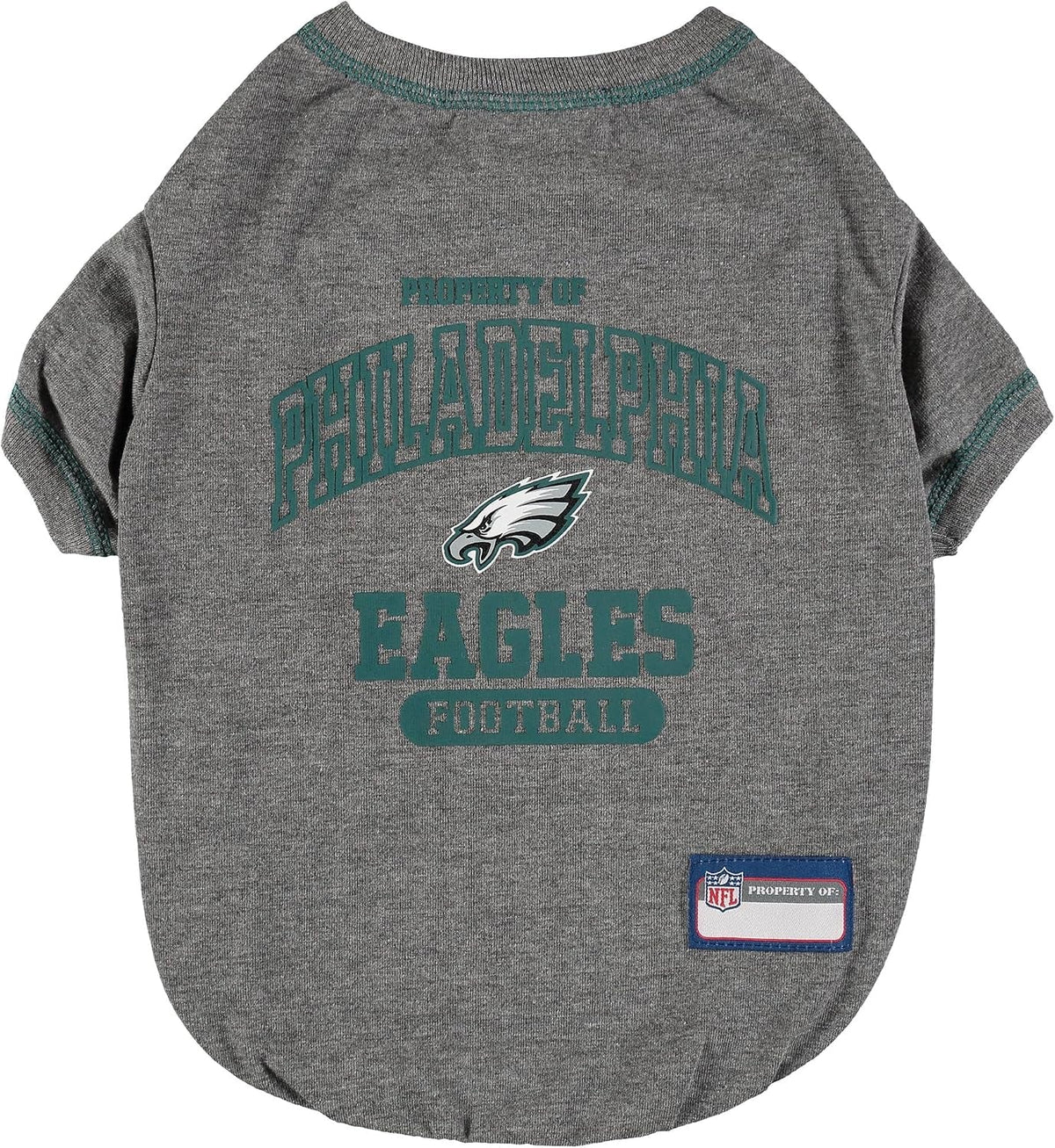 A heather gray pet t-shirt featuring Philadelphia Eagles football graphics on the front, including the team logo and 'Eagles Football' text, with a small NFL patch on the lower right hem.