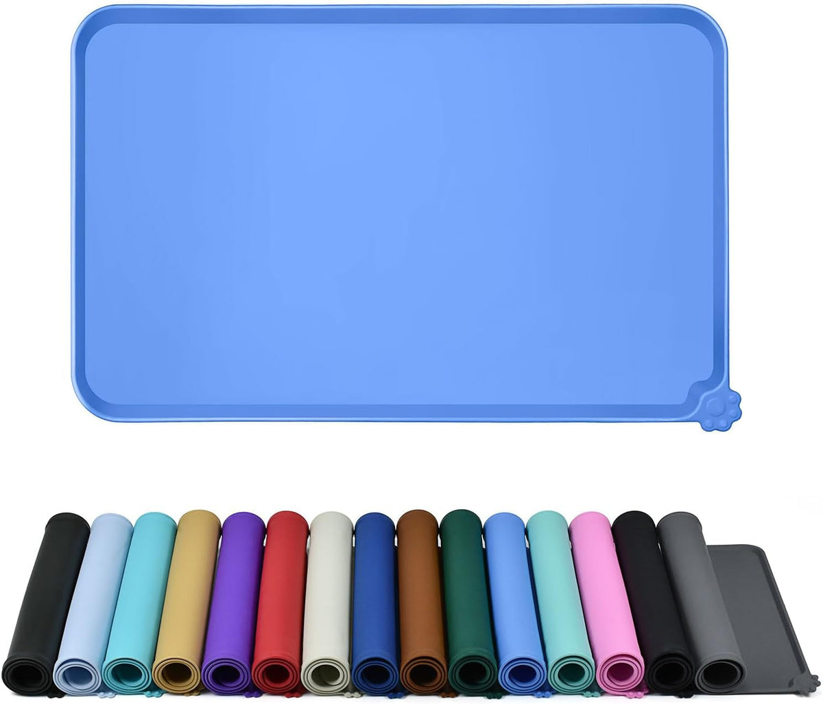 Blue raised-edge silicone feeding mat above rolled mats in multiple colors.
