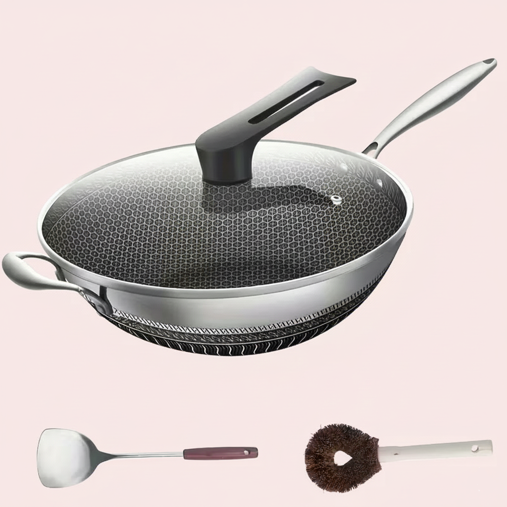 13.3" Stainless Steel Wok Pan – Honeycomb Nonstick Interior, Tempered Glass Lid | All Cooktops