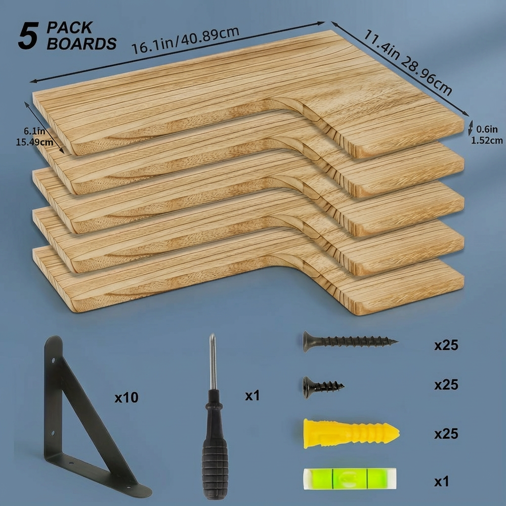 Rustic Corner Floating Shelves – Set of 5 Wall-Mounted Wood Shelves