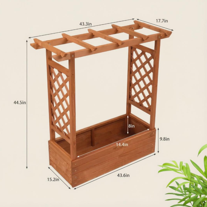 Raised Wooden Planter Box with Pergola Trellis – 100% Fir Wood, 4 Drainage Holes | Patio & Balcony