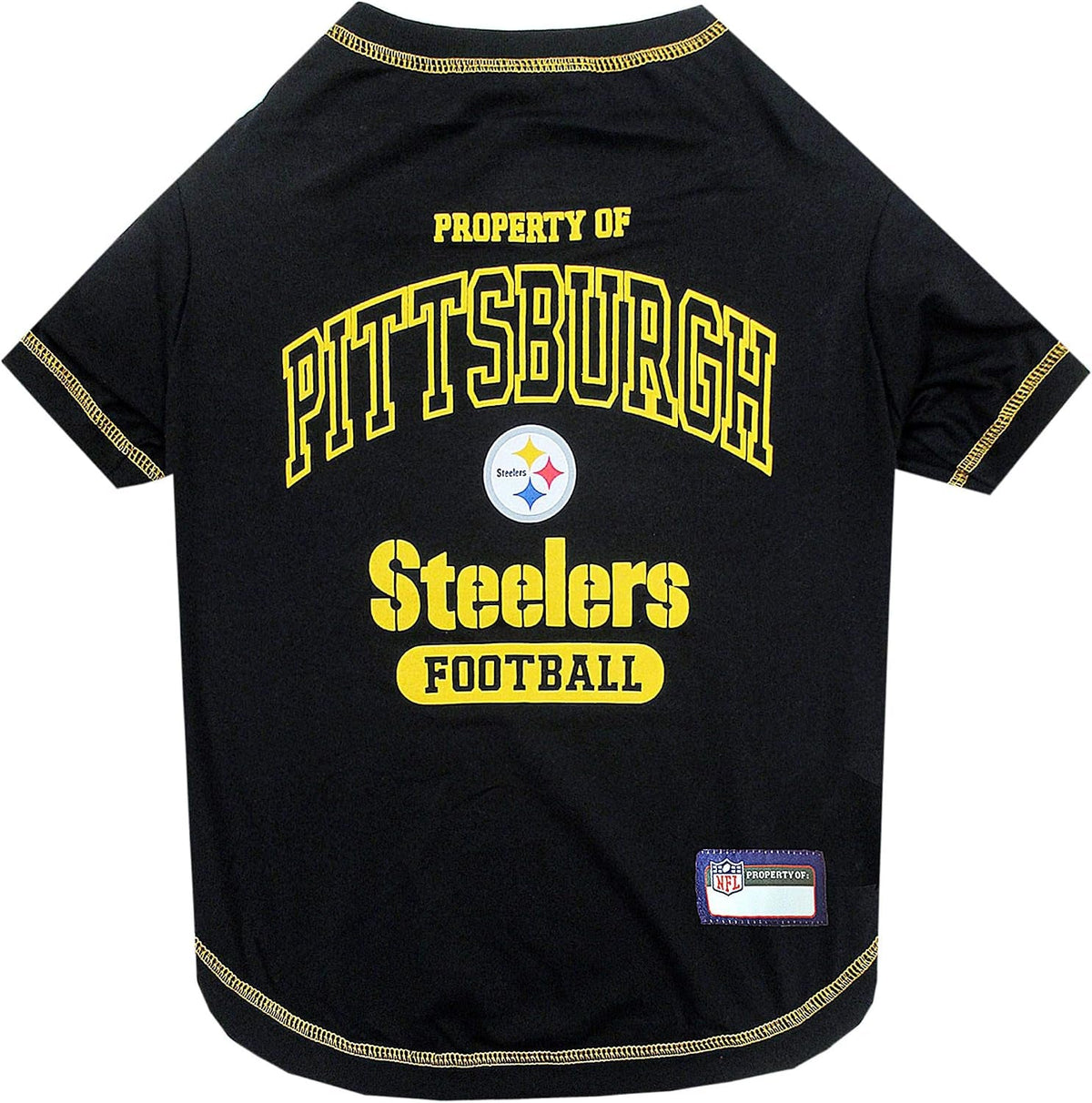 Black pet dog t-shirt featuring Pittsburgh Steelers graphics, including 'PROPERTY OF PITTSBURGH', the Steelers logo, and 'Steelers FOOTBALL' in yellow on the back.