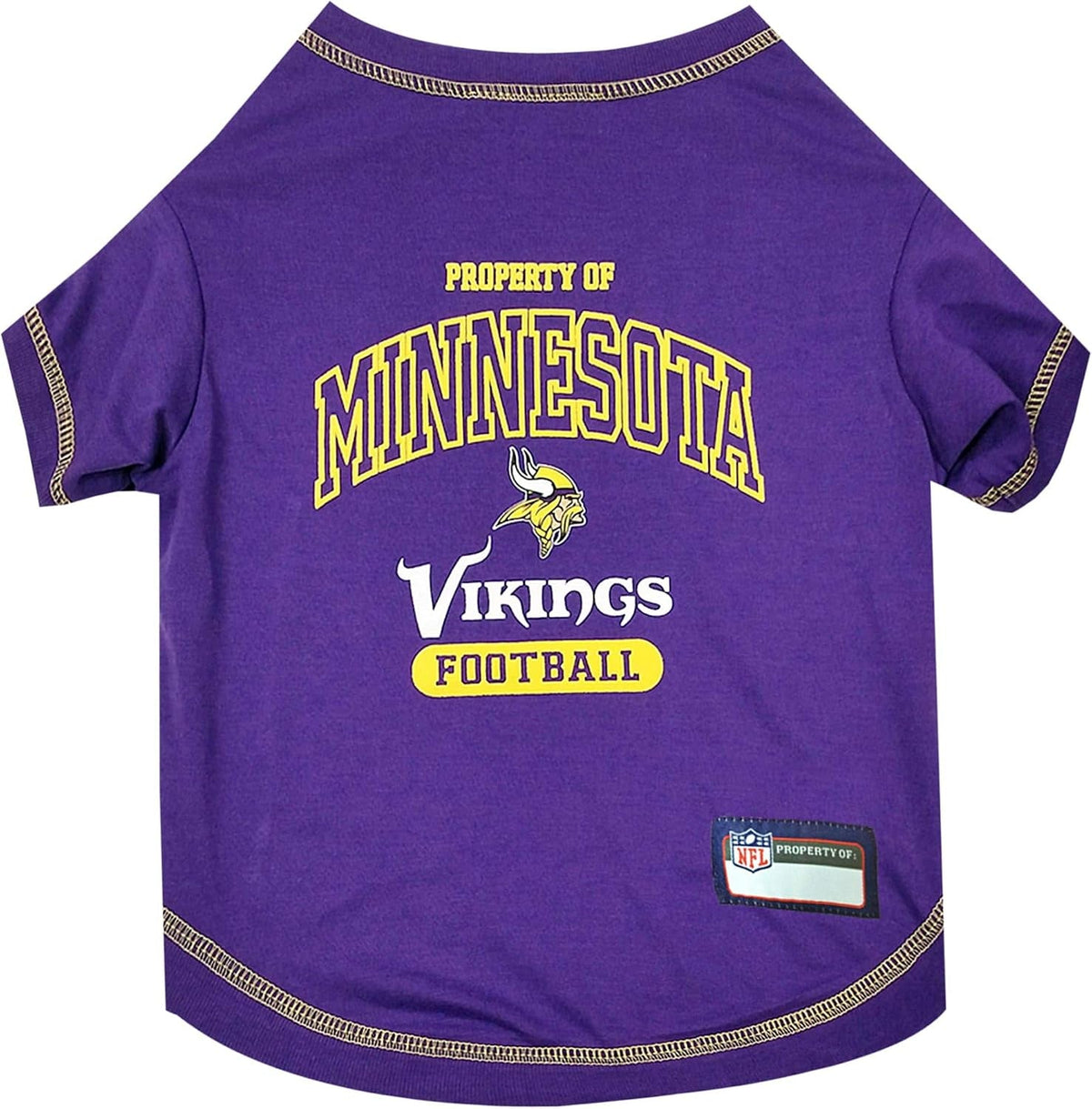 A purple dog t-shirt featuring Minnesota Vikings Football graphics, including the team logo and NFL patch, on a white background.