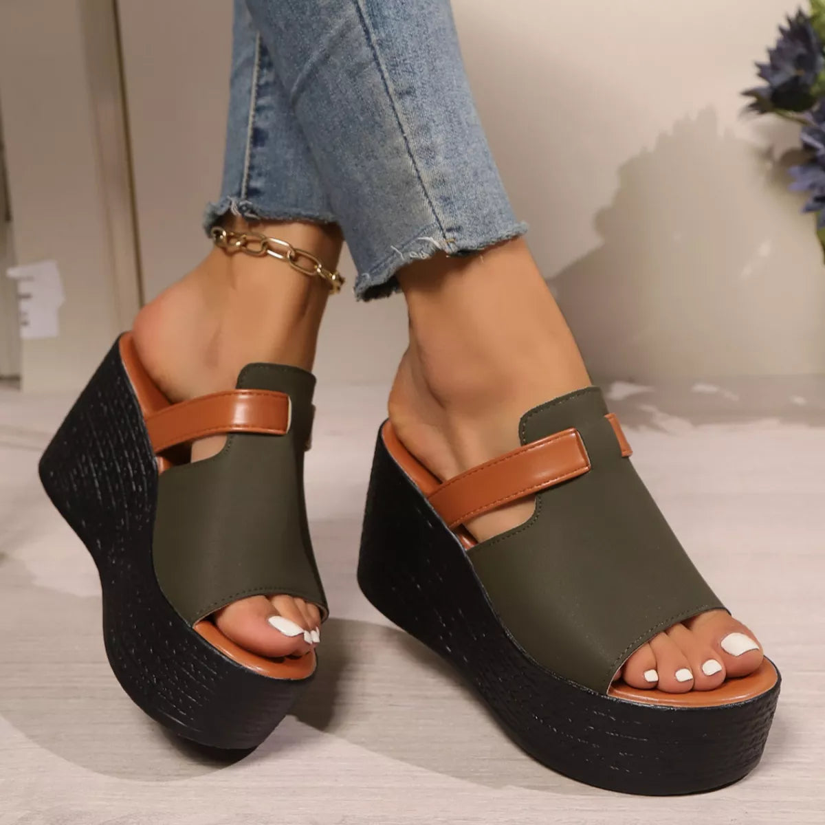 Women's Open Toe Platform Wedge Sandals | PU Leather Slide Heels
